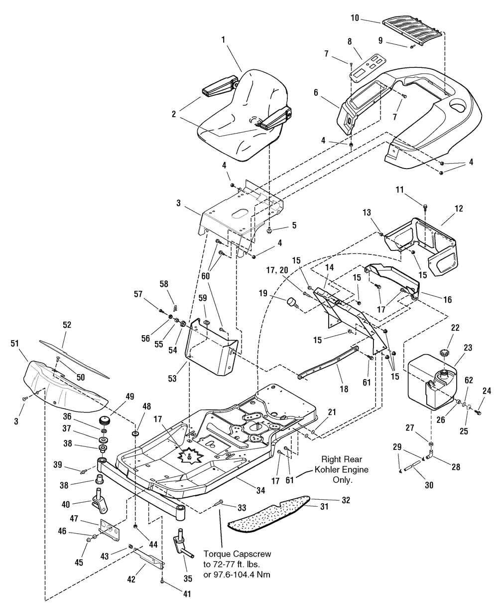 Frame, Body And Seat Group Diagram and Parts List for 2690429-107277740-ZT7000 2005 Briggs and Stratton Lawn Tractor Accessories
